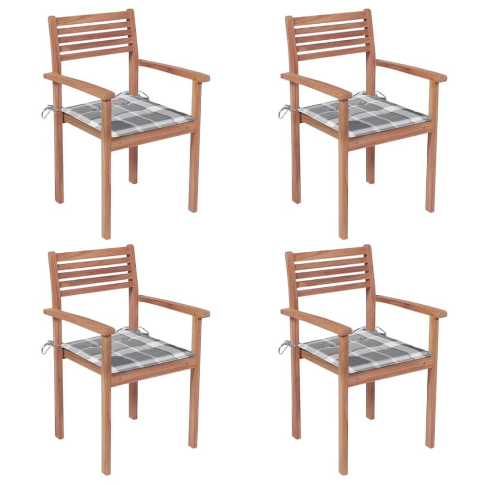 Vidaxl Záhradné stoličky 4 ks sivé kockové podložky teakový masív
