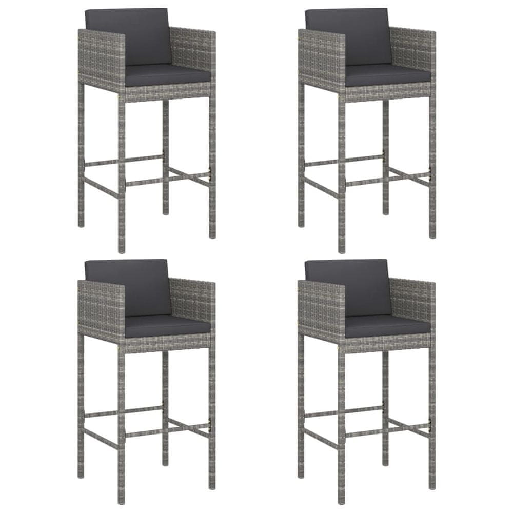 Vidaxl Barové stoličky 4 ks s vankúšmi sivé polyratan