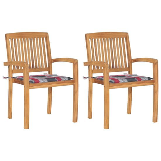 Vidaxl Záhradné stoličky 2 ks podložky s červenými kockami tíkový masív