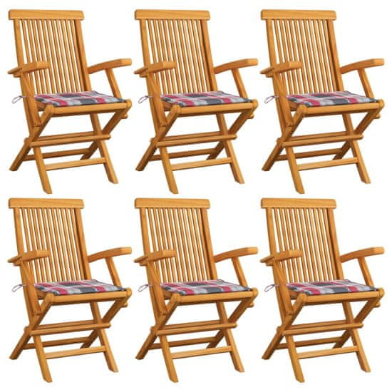 Vidaxl Záhradné stoličky+červené kockované podložky 6 ks, tíkový masív
