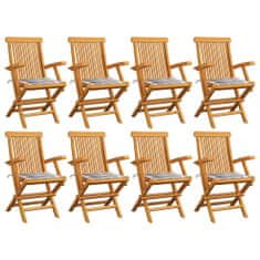 Vidaxl Záhradné stoličky so sivými kockovanými podložkami 8 ks tíkový masív