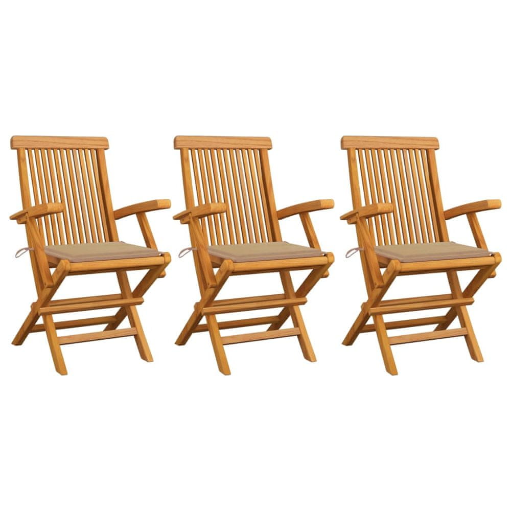Petromila vidaXL Záhradné stoličky, béžové podložky 3 ks, tíkový masív