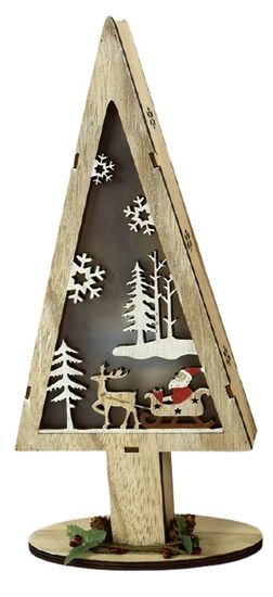 DUE ESSE Drevený svietiaci vianočný stromček 32 cm, Santa a sobie sane