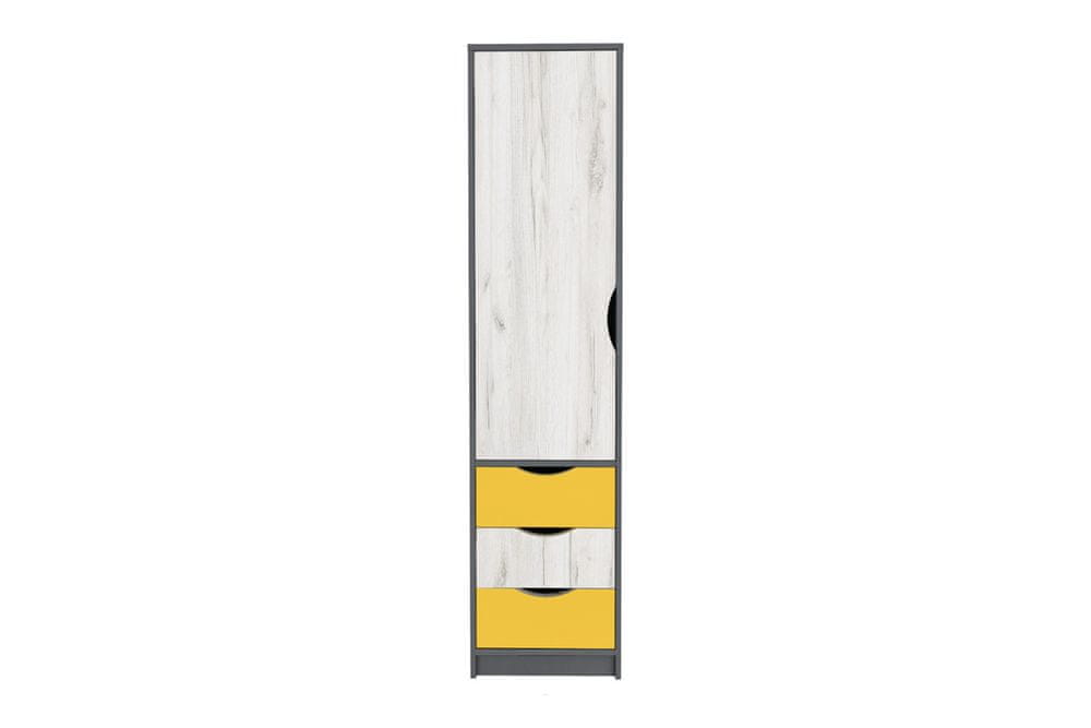 VerDesign RANDY vysoká skrinka 1D3S, biely craft / grafit / žltá