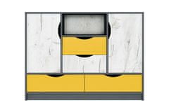 VerDesign RANDY kombinovaná komoda, biely craft / grafit / žltá