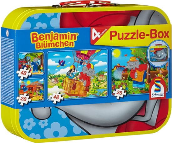Schmidt Puzzle Benjamin Kvietko 4v1 v plechovom kufríku (26,26,48,48 dielikov)