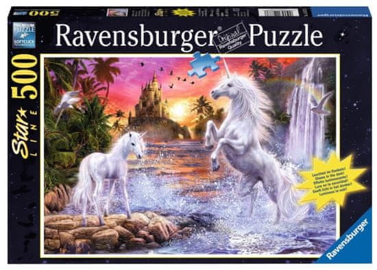 Ravensburger Svietiace puzzle Jednorožce u rieky 500 dielikov