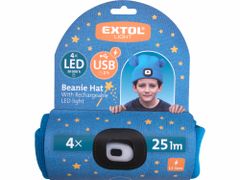 Extol Light Čiapka modrá detská s čelovým svetlom, LED 4x25lm, 250mAh Li-ion, nabíjanie cez USB