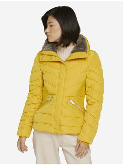 Tom Tailor Žltá dámska prešívaná zimná bunda s límcom s umelým kožúškom Tom Tailor
