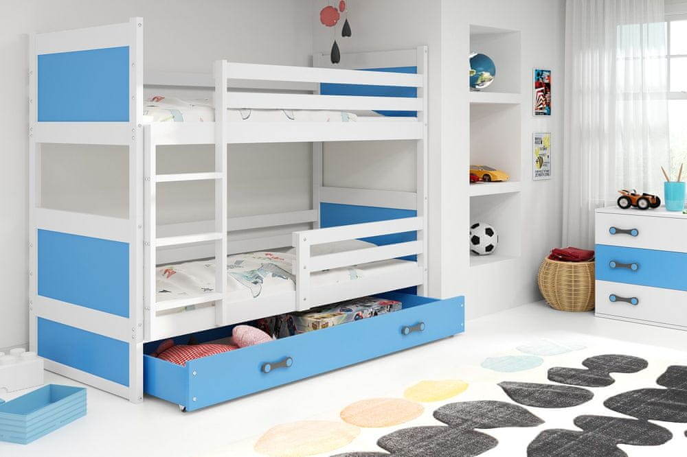 eoshop Detská poschodová posteľ Rico - 2 osoby, 80x160 s úložným priestorom - Biela, Modrá