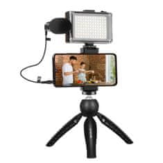 Puluz Live Vlogger statív na mobil + LED svetlo a mikrofón, čierny