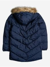 ROXY Tmavomodrý dievčenský prešívaný zimný kabát s kapucou a umelým kožúškom Roxy 160