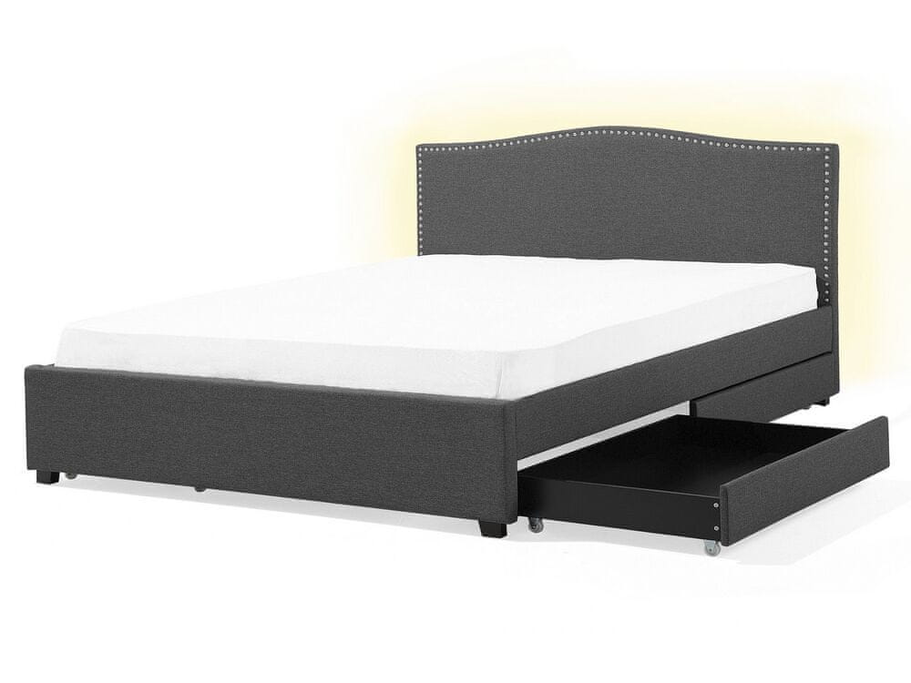 Beliani Čalúnená posteľ s úložným priestorom a bielym LED osvetlením 160 x 200 cm sivá MONTPELLIER