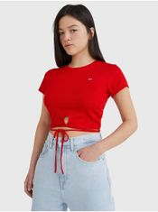Tommy Jeans Červené dámske rebrované cropped tričko so zaväzovaním v páse Tommy Jeans M