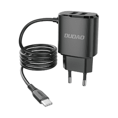 DUDAO nabíjačka 2x USB so vstavaným USB káblom typu C 12W čierna (A2ProT čierna) - Čierna KP14084