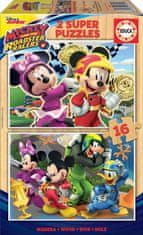 EDUCA Drevené puzzle Mickey, Minnie a pretekári 2x16 dielikov