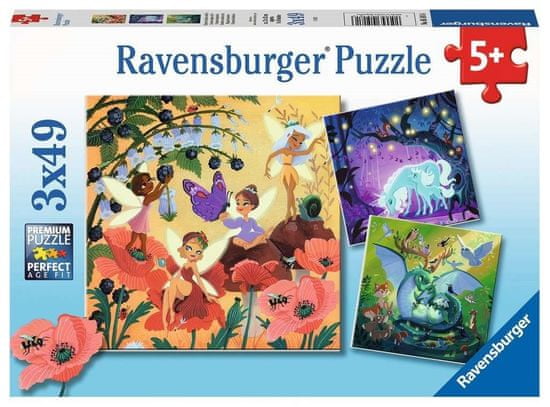 Ravensburger Puzzle Víly, drak a jednorožec 3x49 dielikov