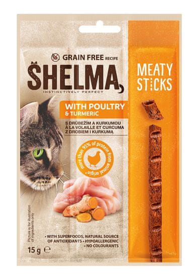 SHELMA Snack mačka bezobilné mäsové tyčinky hydina 30×15 g EXPIRACE 01.03.2023