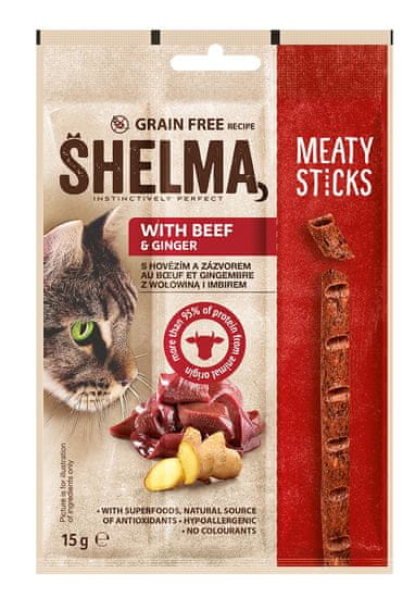 SHELMA Snack mačka bezobilné mäsové tyčinky hovädzie 30×15 g EXPIRACE 01.04.2023