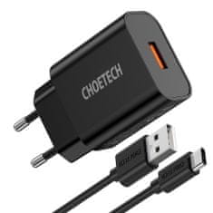 Choetech Q5003 sieťová nabíjačka QC 18W 3A + kábel USB / USB-C, čierny