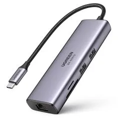 Ugreen CM512 HUB adaptér USB-C - 2x USB 3.2 / HDMI 4K / SD TF / USB-C PD 100W / RJ45, šedý