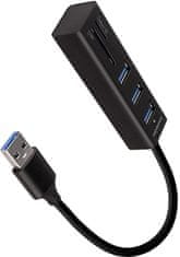 AXAGON HMA-CR3A, USB 3.2 Gen 1 hub, porty 3x USB-A + čítačka kariet SD/microSD, kovový, kábel USB-A 20