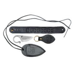 Jedinečný set - outdoorový nůž - Mini C1, kožený náramek a přívěšek na klíče z pravé hovězí kůže, čierna