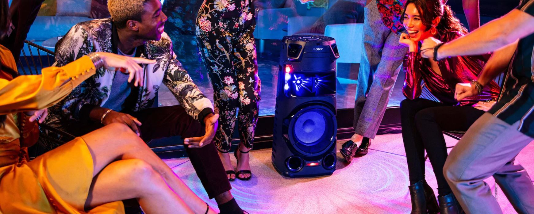  párty reproduktor sony mhc-v43d karaoke fiestable ovládanie hlasom gitarový jack upevnenie v repro stojane svetelné efekty 