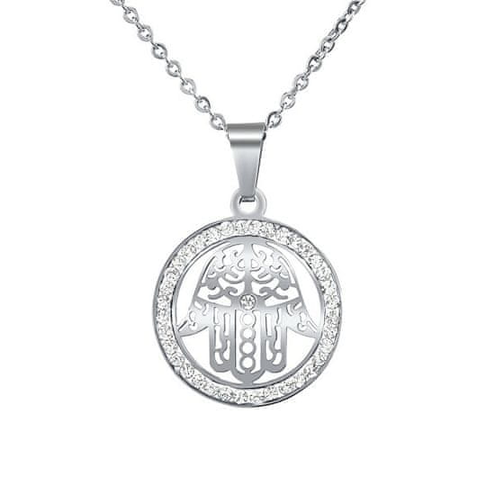 Silvego Oceľový náhrdelník s príveskom ruky Fátimy s krištáľom KMM39914N