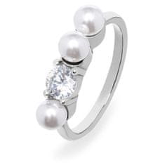 Troli Elegantný oceľový prsteň so zirkónom a perlami VEDR0341S (Obvod 60 mm)