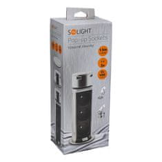 Solight USB výsuvný blok zásuviek, 3 zásuvky, plast, dĺžka 1,5m, 3 x 1mm2, strieborný, PP125