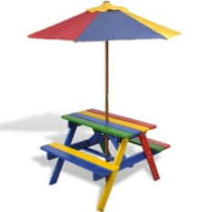 Petromila vidaXL Detský piknikový stôl + lavičky a slnečník, rôznofarebný, drevo