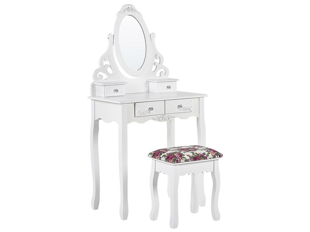 Beliani Toaletný stolík 4 zásuvky oválne zrkadlo a biela stolička AMOUR