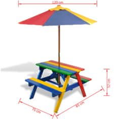 Vidaxl Detský piknikový stôl + lavičky a slnečník, rôznofarebný, drevo