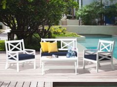 Beliani Biela záhradná súprava stôl so stoličkami a lavica s modrými vankúšmi BALTIC