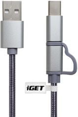 iGET G2V1 USB kábel 2v1, 1m, strieborný, microUSB i USB-C, prodloužené koncovky