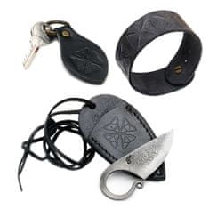 Madhammers Jedinečný set - outdoorový nůž - Mini C1, kožený náramek a přívěšek na klíče z pravé hovězí kůže, čierna