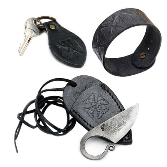 Madhammers Jedinečný set - kovaný nôž - "Mini C1", kožený náramok a prívesok na kľúče z pravej hovädzej kože