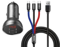 BASEUS Digital Display set duálneho adaptéra do automobilu 2* USB-A a opleteného kábla 3v1 4,8A TZCCBX-0G, čierna