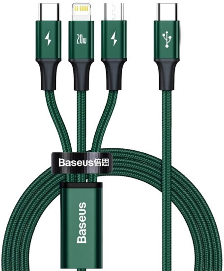 BASEUS Rapid Series nabíjací / dátový kábel 3v1 USB-C (USB-C + Lightning + USB-C) 20W CAMLT-SC06, zelená