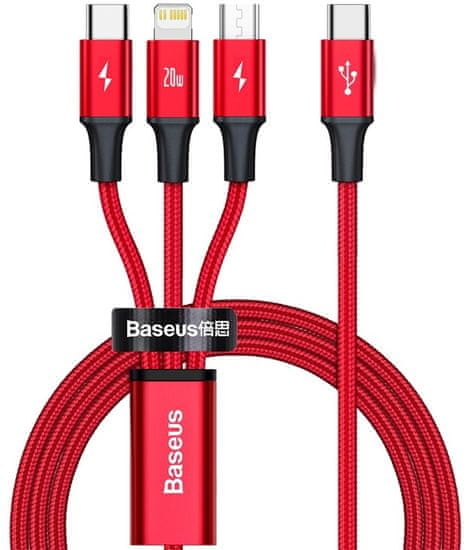 BASEUS Rapid Series nabíjací / dátový kábel 3v1 USB-C (USB-C + Lightning + USB-C) CAMLT-SC09, červená