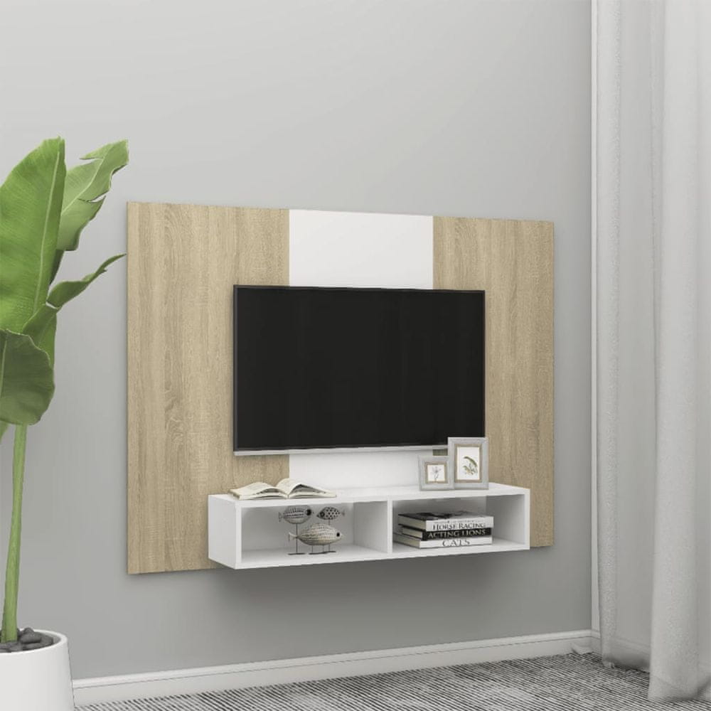 Vidaxl Nástenná TV skrinka biela a dub sonoma 135x23,5x90 cm drevotrieska