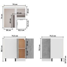 Vidaxl Rohová skrinka, betónovo sivá 75,5x75,5x80,5 cm, drevotrieska