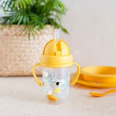 Canpol babies Nevylievateľný hrnček so slamkou a závažím EXOTIC ANIMALS 270 ml, žltá