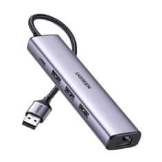 Ugreen 5in1 HUB adaptér 3x USB 3.0 / RJ45 / USB-C, strieborný