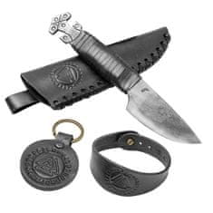 Madhammers Jedinečný set - kovaný nôž - "Thor" čierny, kožený náramok a prívesok na kľúče z pravej hovädzej kože