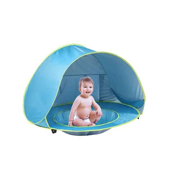 Netscroll Prenosný detský stan s UV ochranou a bazénom, ideálny na pláž alebo do záhrady, chráni dieťa pred teplom a vetrom, dodatočná sieťka pre cirkuláciu vzduchu, postavíte ho za pár sekúnd, BabyTent
