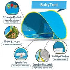 Prenosný detský stan s UV ochranou a bazénom, ideálny na pláž alebo do záhrady, chráni dieťa pred teplom a vetrom, dodatočná sieťka pre cirkuláciu vzduchu, postavíte ho za pár sekúnd, BabyTent