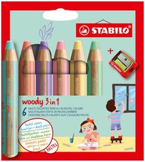 Stabilo Farebné pastelky "Woody", 6 pastelových farieb, maxi, 3v1 – pastelka, akvarel, vosk, 8806-3