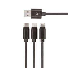 setty. nylonový USB kábel 3v1 microUSB, Lightning, Type-C 1m (GSM043225) čierna